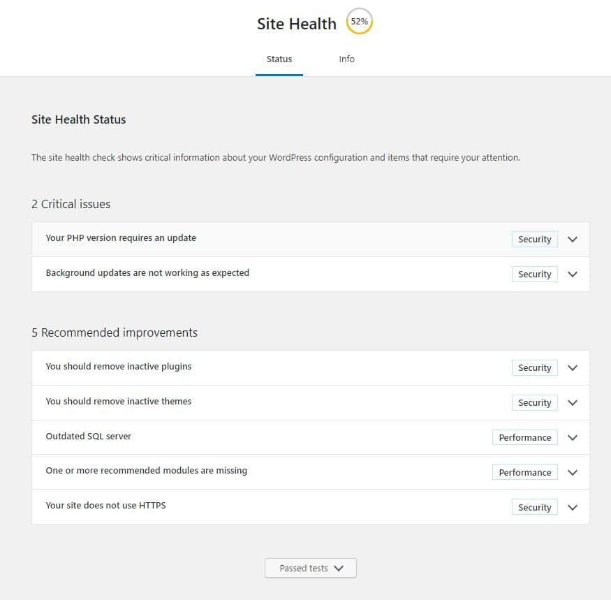 WordPress Site health check