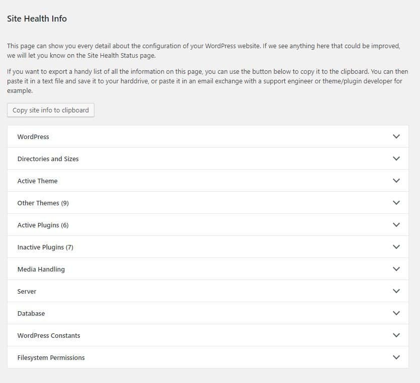 WordPress site health info